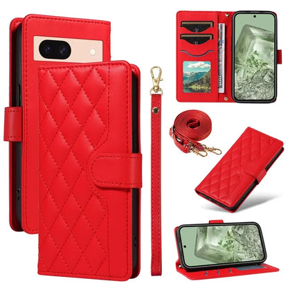 For Google Pixel 8a Case Wallet Rhombus Leather Phone Cover with Shoulder Strap, Wrist Strap