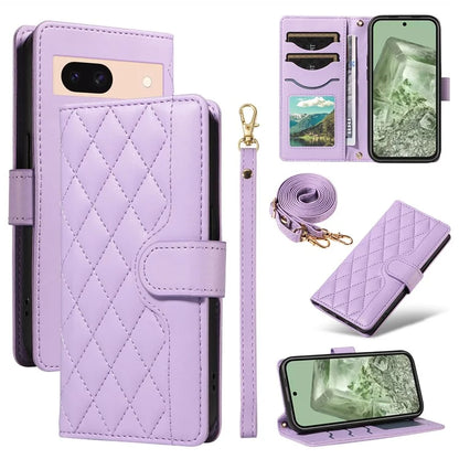 For Google Pixel 8a Case Wallet Rhombus Leather Phone Cover with Shoulder Strap, Wrist Strap