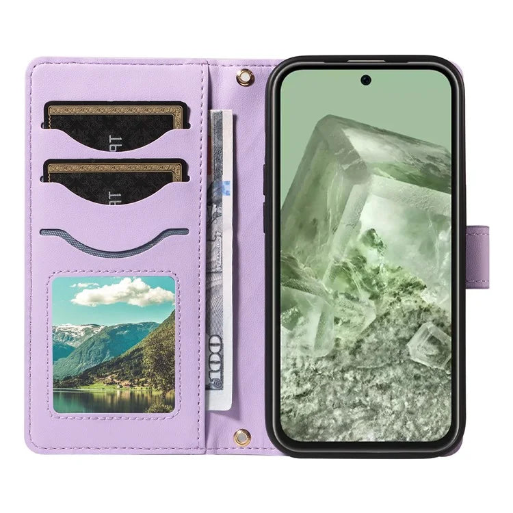 For Google Pixel 8a Case Wallet Rhombus Leather Phone Cover with Shoulder Strap, Wrist Strap