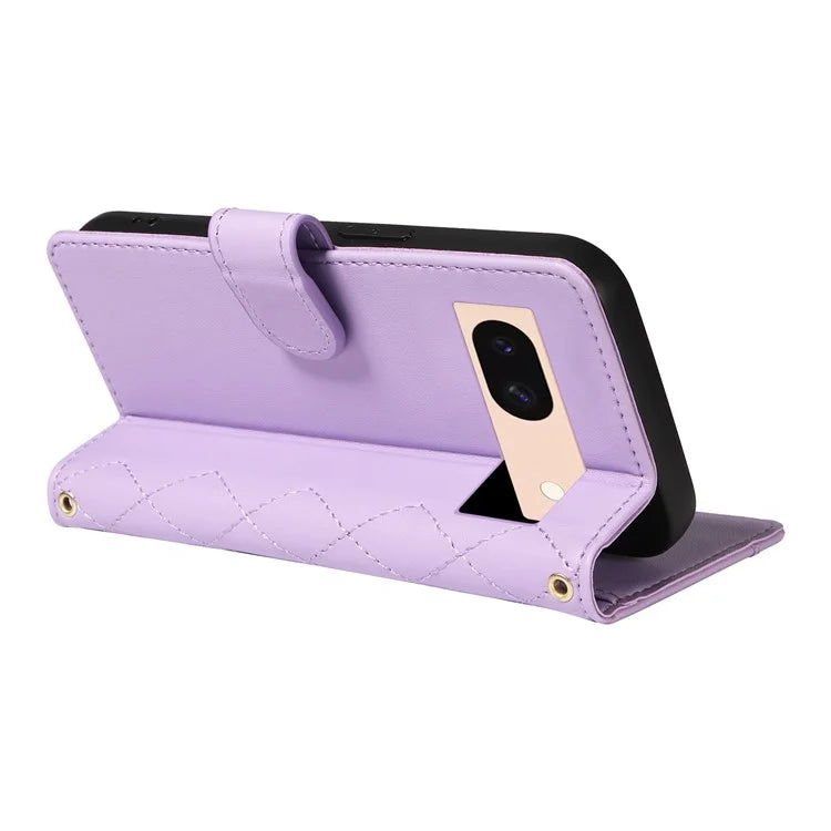 For Google Pixel 8a Case Wallet Rhombus Leather Phone Cover with Shoulder Strap, Wrist Strap