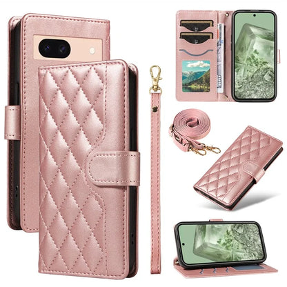 For Google Pixel 8a Case Wallet Rhombus Leather Phone Cover with Shoulder Strap, Wrist Strap