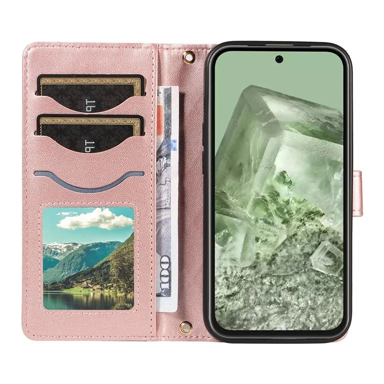 For Google Pixel 8a Case Wallet Rhombus Leather Phone Cover with Shoulder Strap, Wrist Strap