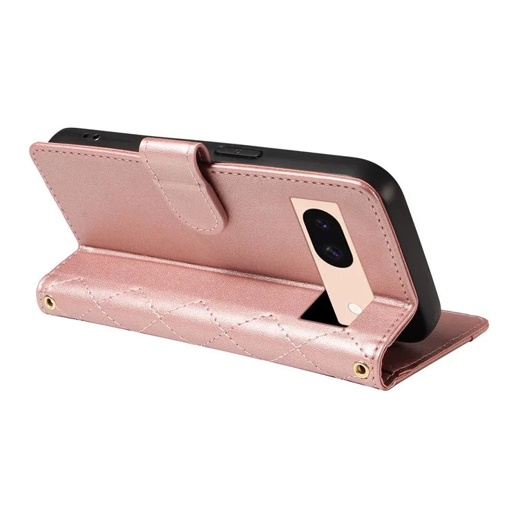 For Google Pixel 8a Case Wallet Rhombus Leather Phone Cover with Shoulder Strap, Wrist Strap