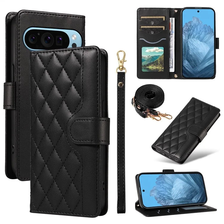 For Google Pixel 9 / Pixel 9 Pro Case Wallet Rhombus Leather Phone Cover with Shoulder Strap, Wrist Strap