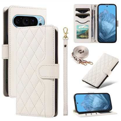 For Google Pixel 9 / Pixel 9 Pro Case Wallet Rhombus Leather Phone Cover with Shoulder Strap, Wrist Strap