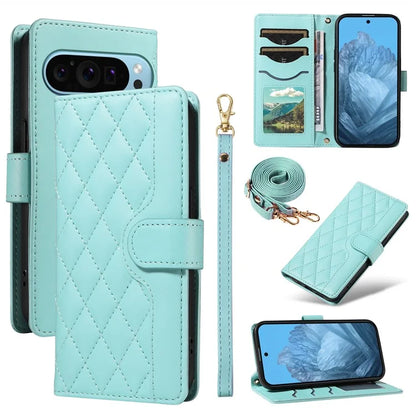 For Google Pixel 9 / Pixel 9 Pro Case Wallet Rhombus Leather Phone Cover with Shoulder Strap, Wrist Strap