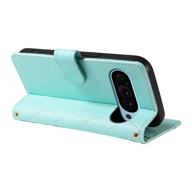 For Google Pixel 9 / Pixel 9 Pro Case Wallet Rhombus Leather Phone Cover with Shoulder Strap, Wrist Strap