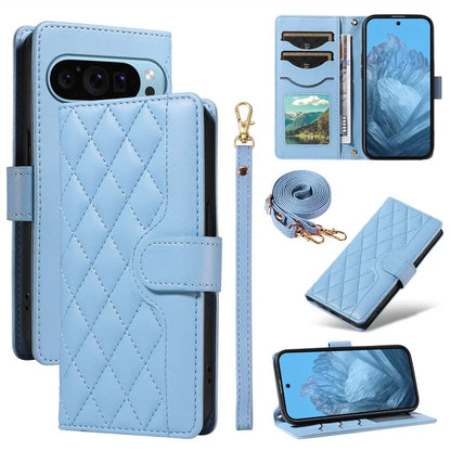 For Google Pixel 9 / Pixel 9 Pro Case Wallet Rhombus Leather Phone Cover with Shoulder Strap, Wrist Strap