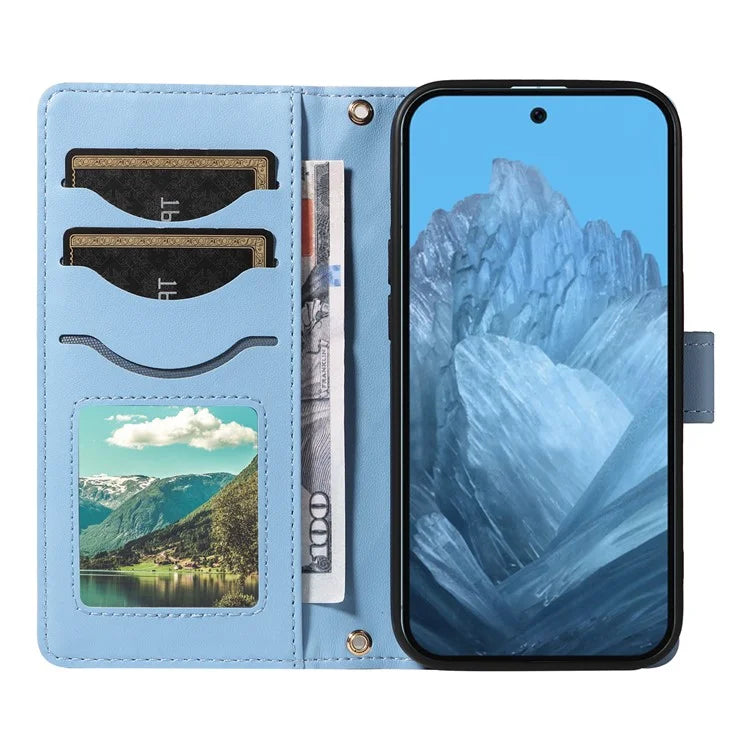 For Google Pixel 9 / Pixel 9 Pro Case Wallet Rhombus Leather Phone Cover with Shoulder Strap, Wrist Strap