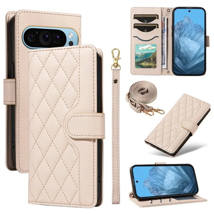 For Google Pixel 9 / Pixel 9 Pro Case Wallet Rhombus Leather Phone Cover with Shoulder Strap, Wrist Strap