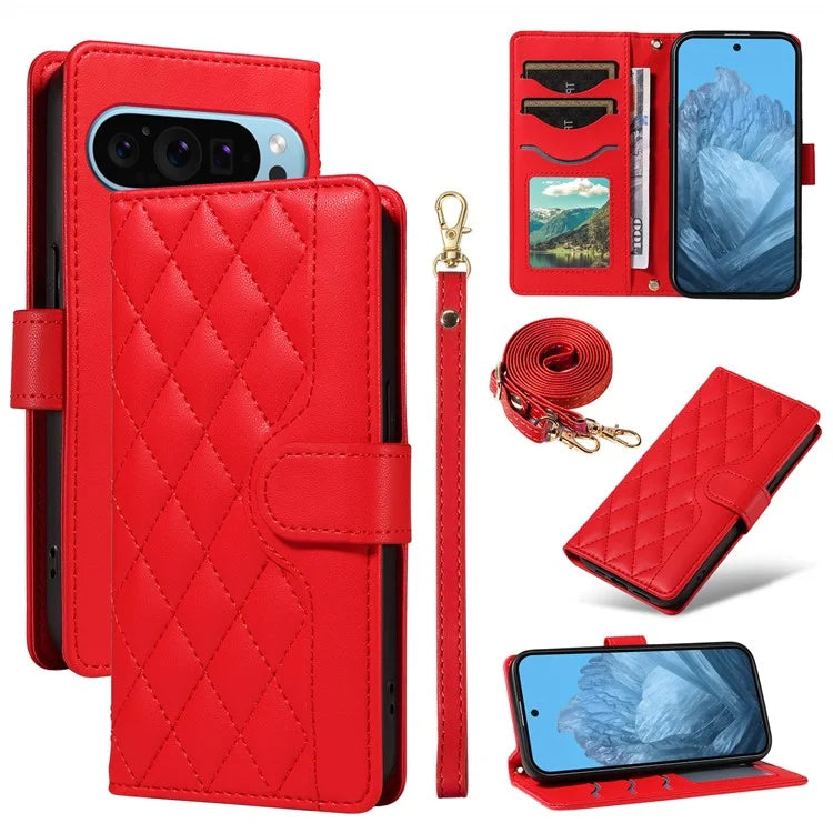 For Google Pixel 9 / Pixel 9 Pro Case Wallet Rhombus Leather Phone Cover with Shoulder Strap, Wrist Strap