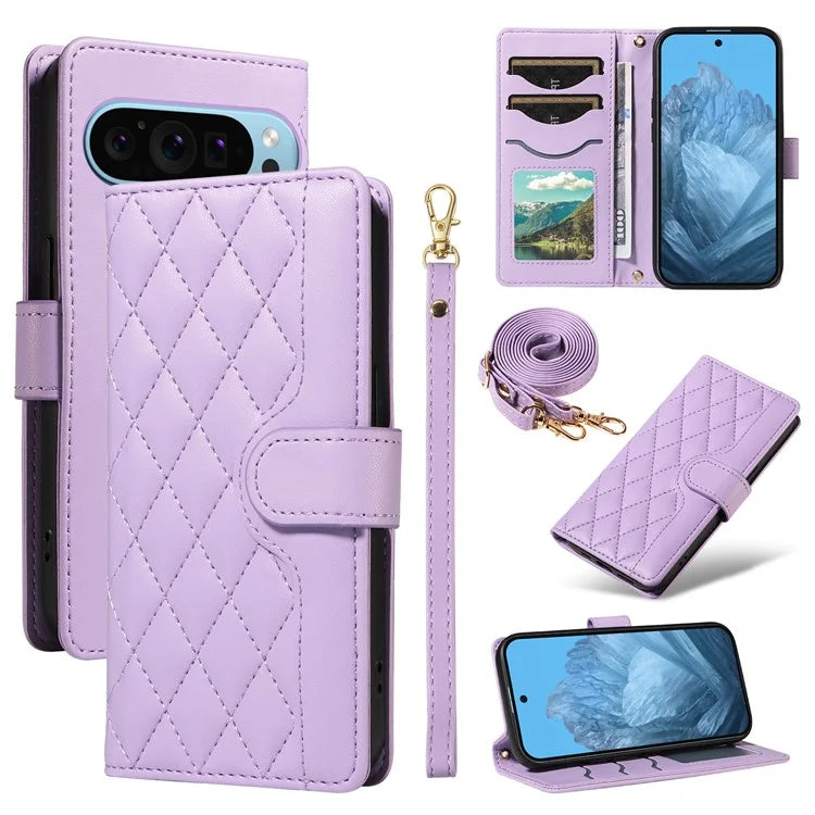 For Google Pixel 9 / Pixel 9 Pro Case Wallet Rhombus Leather Phone Cover with Shoulder Strap, Wrist Strap