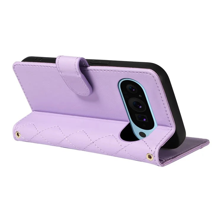 For Google Pixel 9 / Pixel 9 Pro Case Wallet Rhombus Leather Phone Cover with Shoulder Strap, Wrist Strap