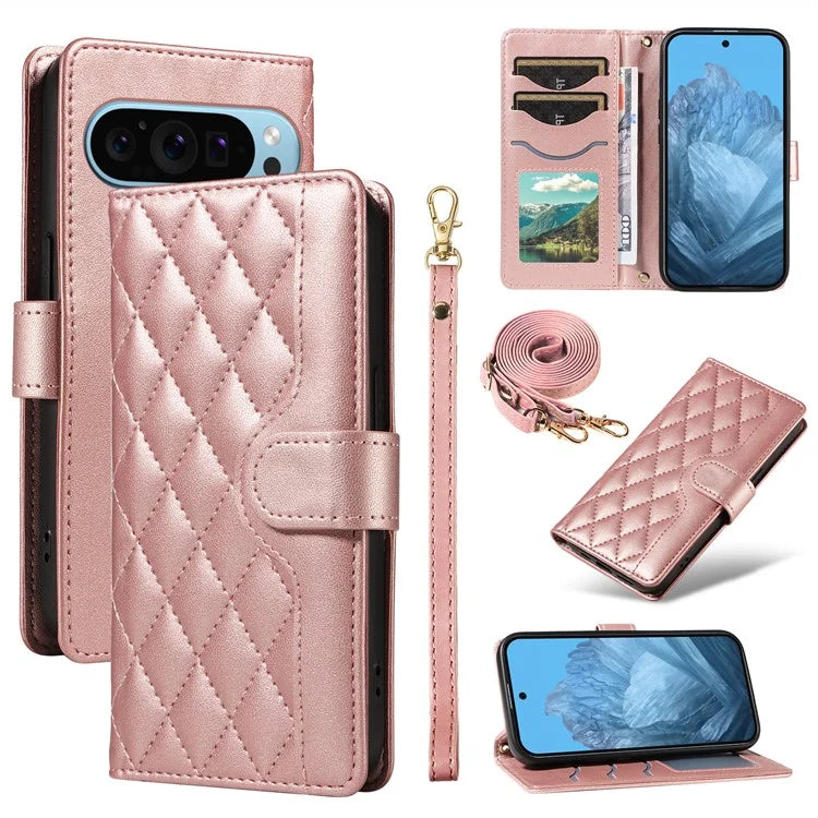 For Google Pixel 9 / Pixel 9 Pro Case Wallet Rhombus Leather Phone Cover with Shoulder Strap, Wrist Strap