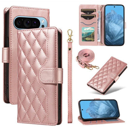 For Google Pixel 9 / Pixel 9 Pro Case Wallet Rhombus Leather Phone Cover with Shoulder Strap, Wrist Strap