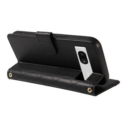 For Google Pixel 7a Case Wallet Rhombus Leather Phone Cover with Shoulder Strap, Wrist Strap