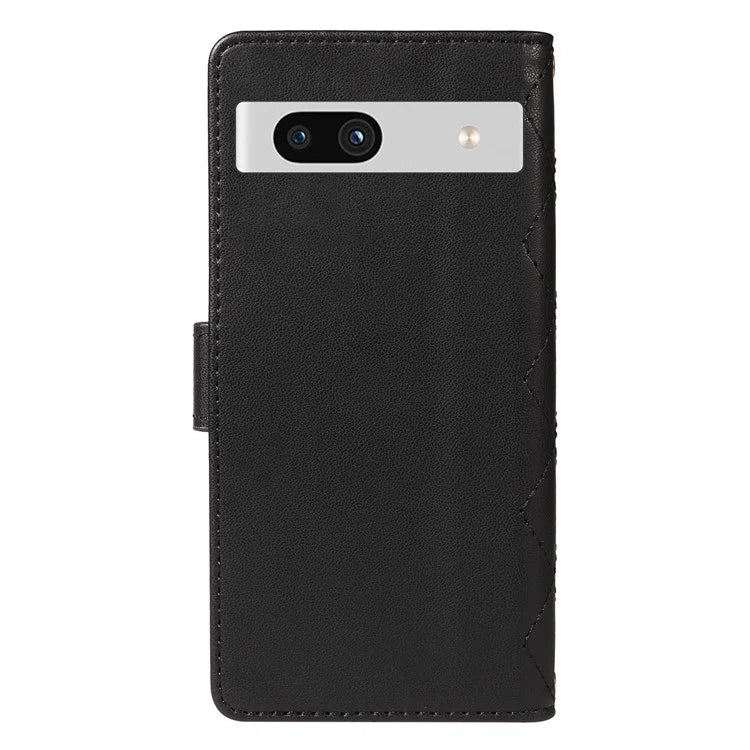 For Google Pixel 7a Case Wallet Rhombus Leather Phone Cover with Shoulder Strap, Wrist Strap