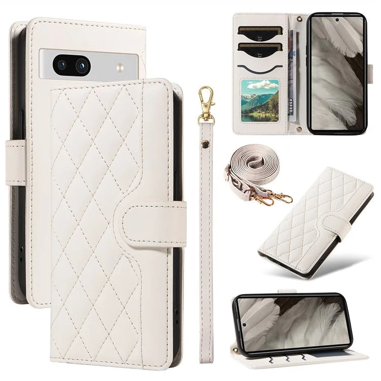For Google Pixel 7a Case Wallet Rhombus Leather Phone Cover with Shoulder Strap, Wrist Strap