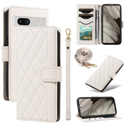 For Google Pixel 7a Case Wallet Rhombus Leather Phone Cover with Shoulder Strap, Wrist Strap