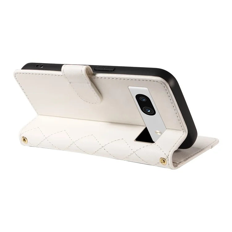 For Google Pixel 7a Case Wallet Rhombus Leather Phone Cover with Shoulder Strap, Wrist Strap