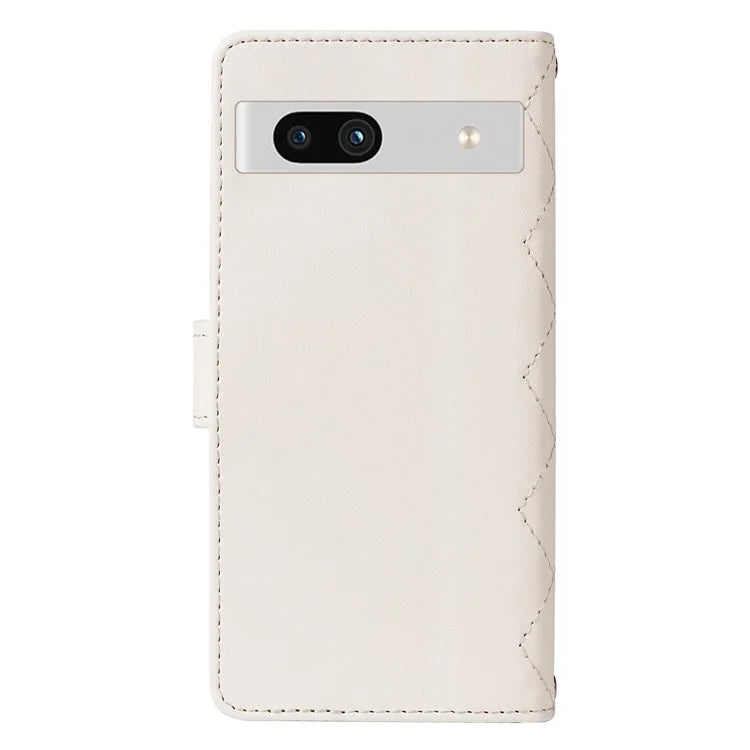 For Google Pixel 7a Case Wallet Rhombus Leather Phone Cover with Shoulder Strap, Wrist Strap