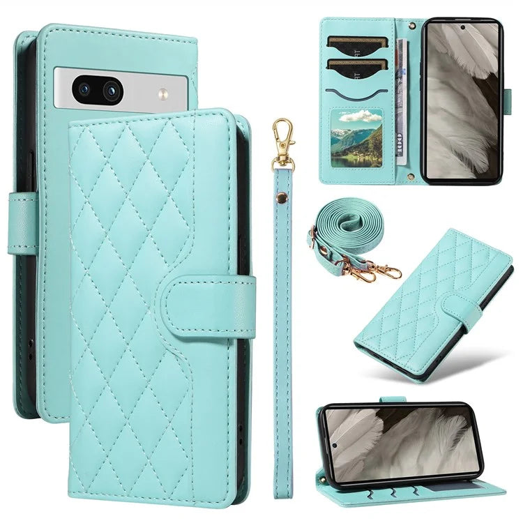 For Google Pixel 7a Case Wallet Rhombus Leather Phone Cover with Shoulder Strap, Wrist Strap