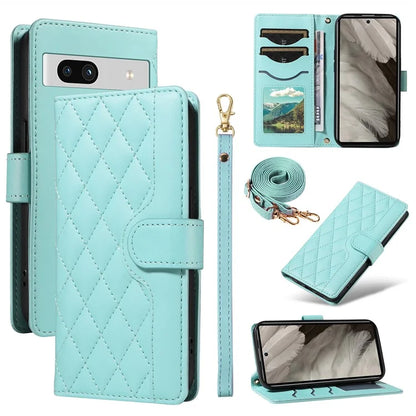 For Google Pixel 7a Case Wallet Rhombus Leather Phone Cover with Shoulder Strap, Wrist Strap
