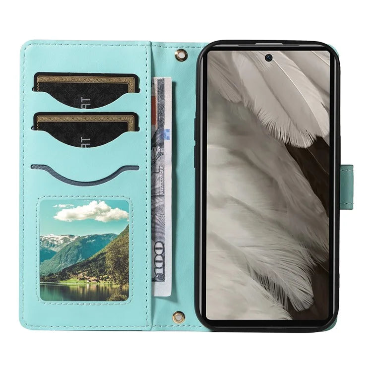 For Google Pixel 7a Case Wallet Rhombus Leather Phone Cover with Shoulder Strap, Wrist Strap