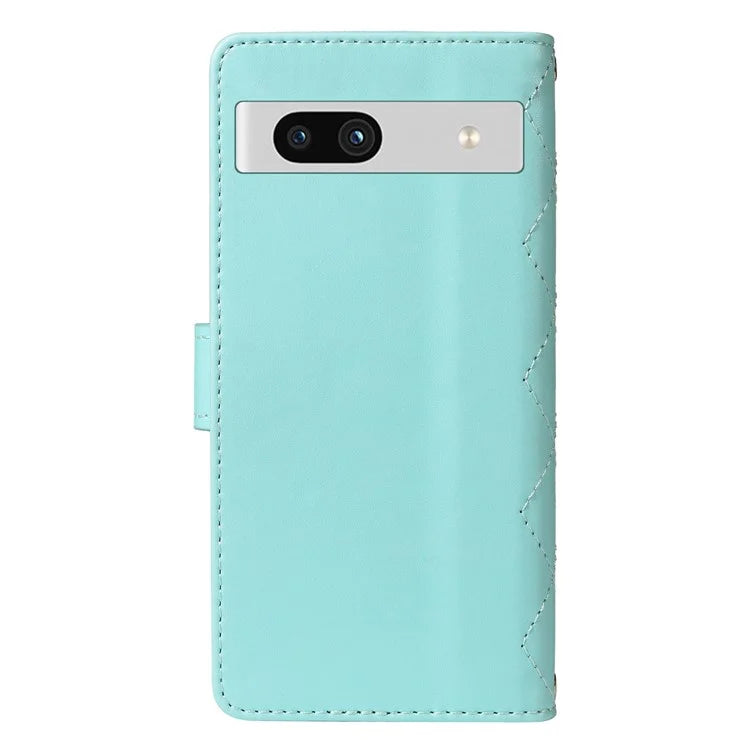 For Google Pixel 7a Case Wallet Rhombus Leather Phone Cover with Shoulder Strap, Wrist Strap