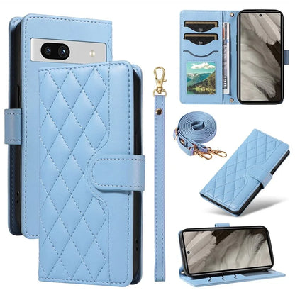 For Google Pixel 7a Case Wallet Rhombus Leather Phone Cover with Shoulder Strap, Wrist Strap