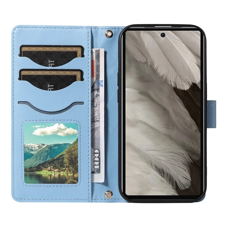 For Google Pixel 7a Case Wallet Rhombus Leather Phone Cover with Shoulder Strap, Wrist Strap