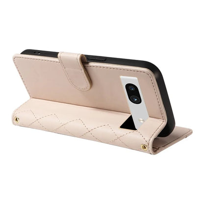 For Google Pixel 7a Case Wallet Rhombus Leather Phone Cover with Shoulder Strap, Wrist Strap