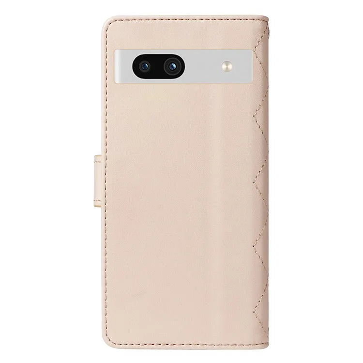 For Google Pixel 7a Case Wallet Rhombus Leather Phone Cover with Shoulder Strap, Wrist Strap