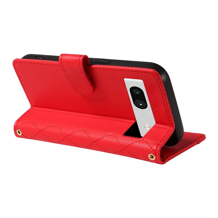 For Google Pixel 7a Case Wallet Rhombus Leather Phone Cover with Shoulder Strap, Wrist Strap