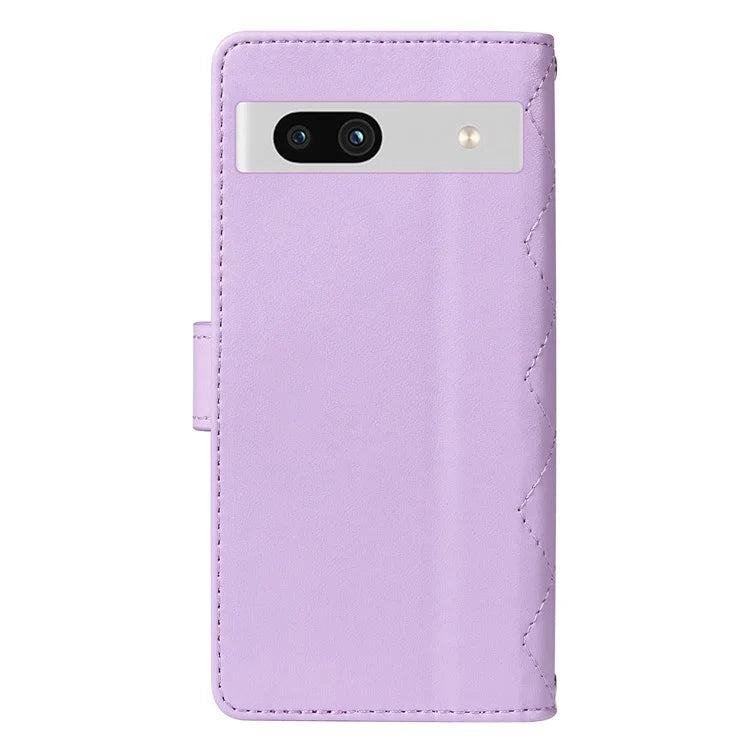 For Google Pixel 7a Case Wallet Rhombus Leather Phone Cover with Shoulder Strap, Wrist Strap