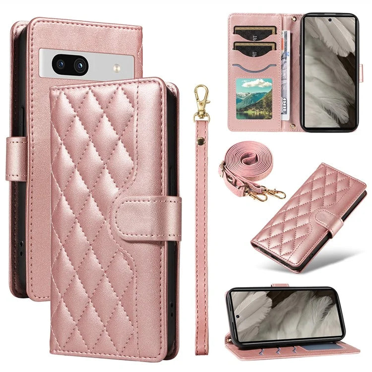 For Google Pixel 7a Case Wallet Rhombus Leather Phone Cover with Shoulder Strap, Wrist Strap