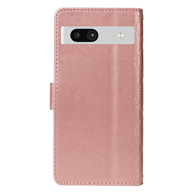 For Google Pixel 7a Case Wallet Rhombus Leather Phone Cover with Shoulder Strap, Wrist Strap