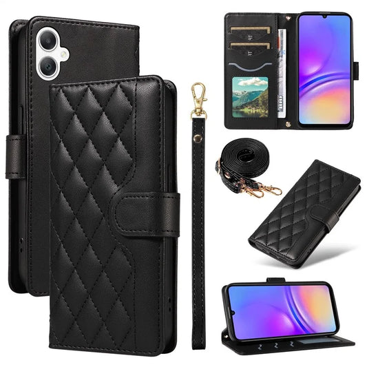 For Samsung Galaxy A06 Case Wallet Rhombus Leather Phone Cover with Shoulder Strap, Wrist Strap