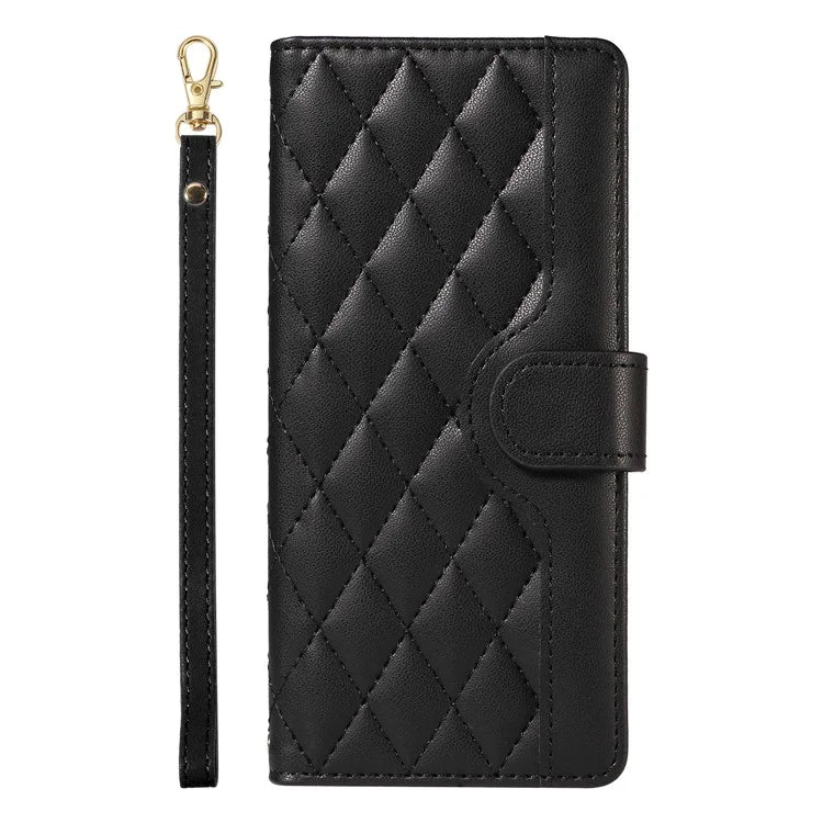 For Samsung Galaxy A06 Case Wallet Rhombus Leather Phone Cover with Shoulder Strap, Wrist Strap