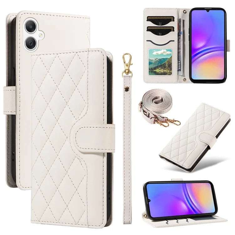For Samsung Galaxy A06 Case Wallet Rhombus Leather Phone Cover with Shoulder Strap, Wrist Strap