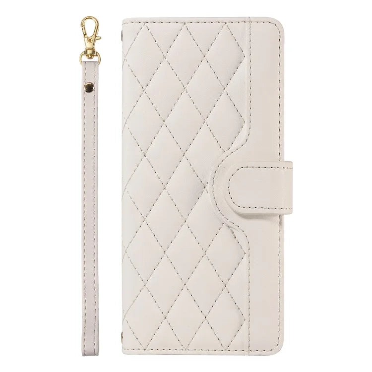 For Samsung Galaxy A06 Case Wallet Rhombus Leather Phone Cover with Shoulder Strap, Wrist Strap