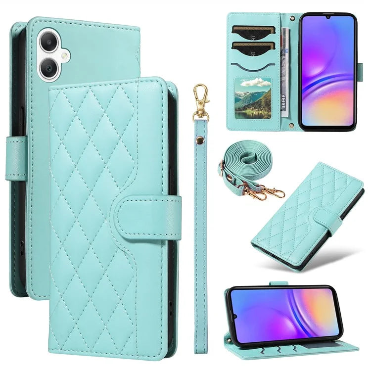For Samsung Galaxy A06 Case Wallet Rhombus Leather Phone Cover with Shoulder Strap, Wrist Strap