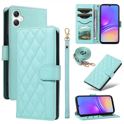 For Samsung Galaxy A06 Case Wallet Rhombus Leather Phone Cover with Shoulder Strap, Wrist Strap