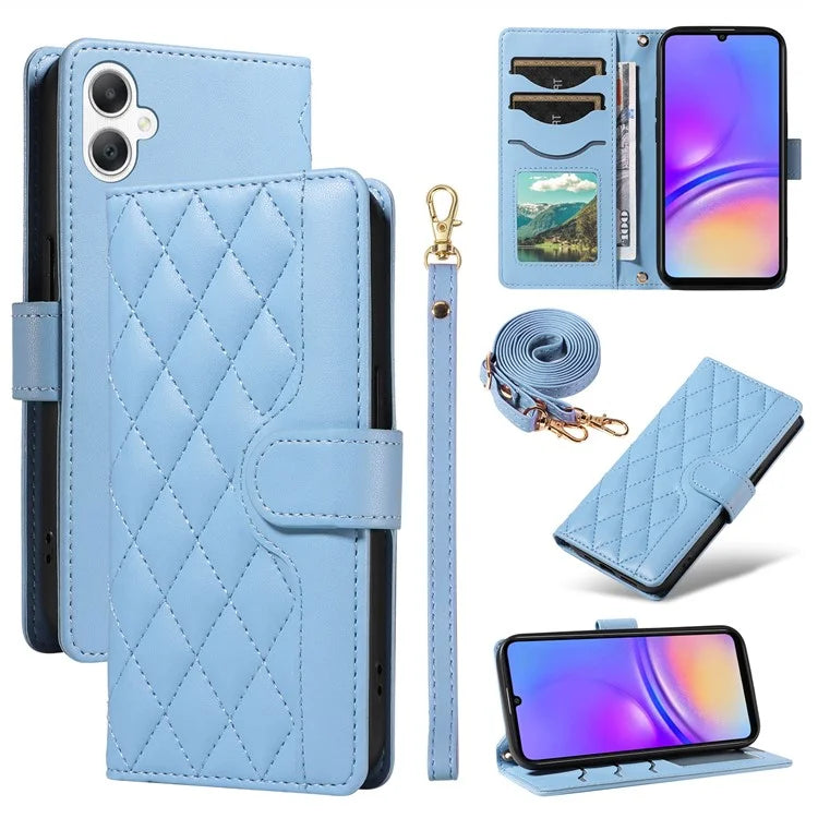 For Samsung Galaxy A06 Case Wallet Rhombus Leather Phone Cover with Shoulder Strap, Wrist Strap