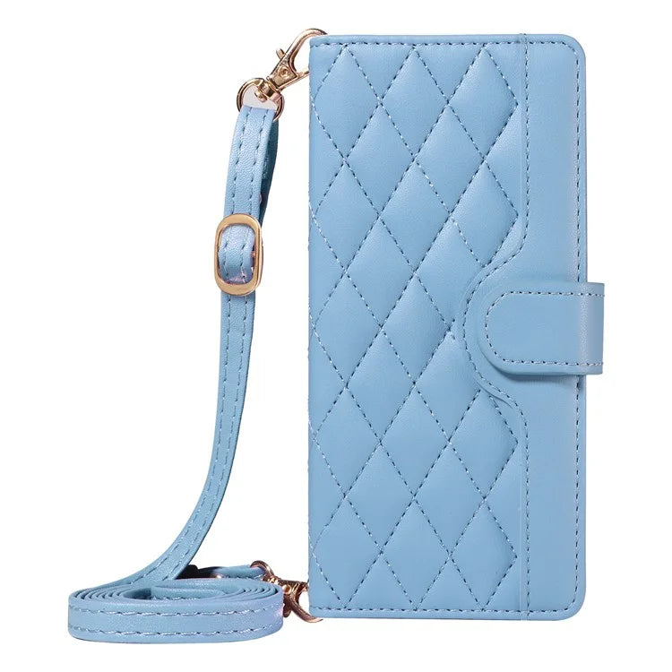 For Samsung Galaxy A06 Case Wallet Rhombus Leather Phone Cover with Shoulder Strap, Wrist Strap