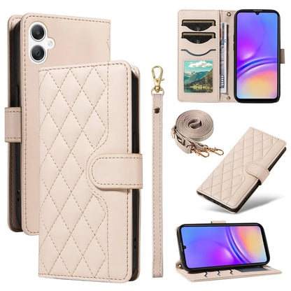 For Samsung Galaxy A06 Case Wallet Rhombus Leather Phone Cover with Shoulder Strap, Wrist Strap