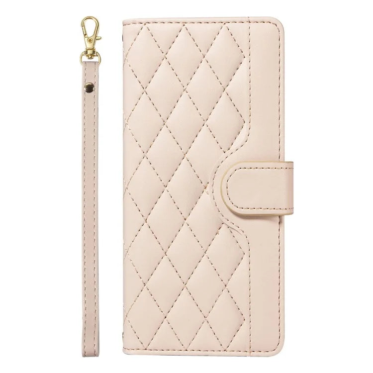 For Samsung Galaxy A06 Case Wallet Rhombus Leather Phone Cover with Shoulder Strap, Wrist Strap