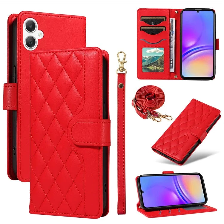 For Samsung Galaxy A06 Case Wallet Rhombus Leather Phone Cover with Shoulder Strap, Wrist Strap