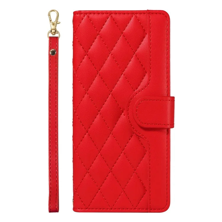 For Samsung Galaxy A06 Case Wallet Rhombus Leather Phone Cover with Shoulder Strap, Wrist Strap