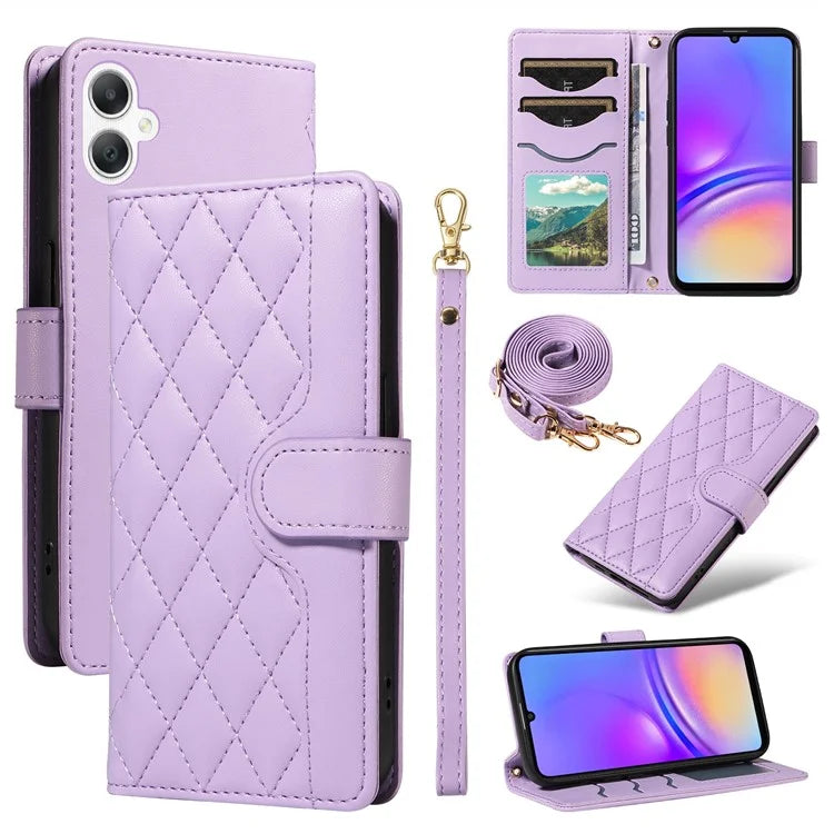 For Samsung Galaxy A06 Case Wallet Rhombus Leather Phone Cover with Shoulder Strap, Wrist Strap